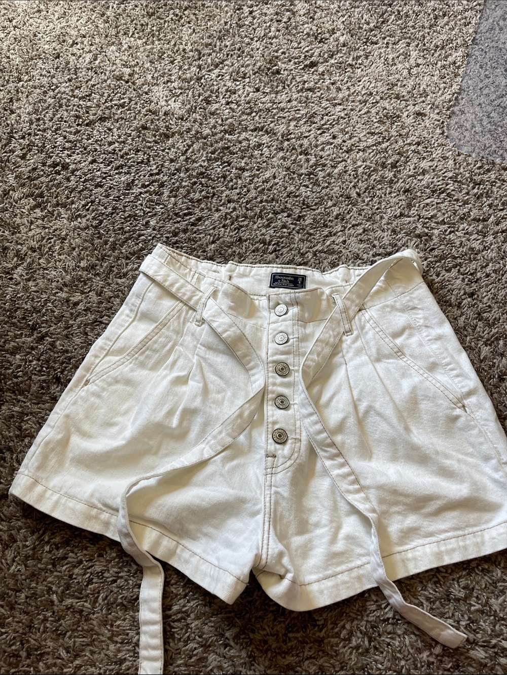 Abercrombie & Fitch White High-Waist Button Shorts with Waist Tie
